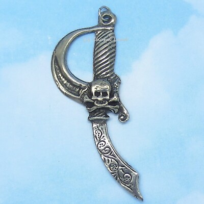 #ad Pirate Sword Pewter Necklace Silver Genuine Leather Skeleton Skull Charm Land $11.99