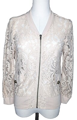 #ad Eyelash Couture Mesh Cream Jacket With Faux Pockets Women#x27;s Medium $16.02