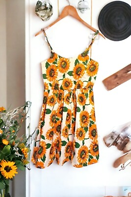#ad Handmade unique Orange Sunflower bold print Strappy Flared summer Mini Dress GBP 4.99