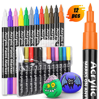#ad 12PCS Colors Acrylic Paint Pens DIY Marker Set Waterproof Premium Extra Fine Tip $12.48