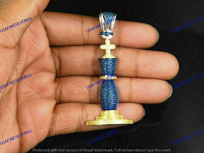 #ad 2 CT Simulated Blue Sapphire King Chess Piece Pendant Mens Charm Sterling Silver $251.94