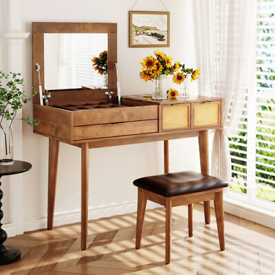 #ad 43.3quot; Classic Wood Makeup Vanity Set with Flip top Mirror and Stool Dressing $339.35