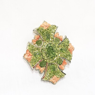 #ad Maltese Cross Green Peach Glass Pebbles Brooch 2quot; Metal $26.89