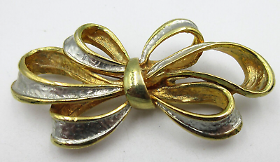 #ad Vtg BIG LARGE 3quot; BOW gold silver tone metal Open work Brooch Pin Costume Jewelry $12.03