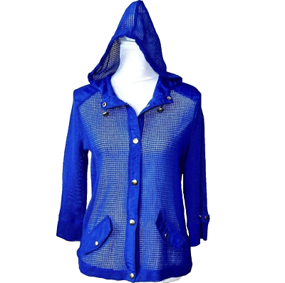 #ad Onque Casuals Blue Fishnet Hooded Top Size S Gold Metal Snaps $9.42