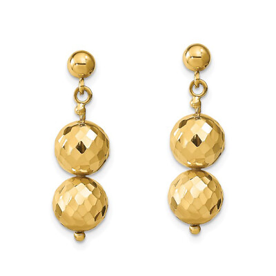 #ad 14k Yellow Gold Dangle Double Bead Diamond Cut Push Back Beads Stud Earrings $443.63