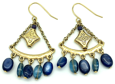 #ad Blue Glass Bead Chandelier Earrings Gold Tone Egyptian Revival style Pierced $6.30