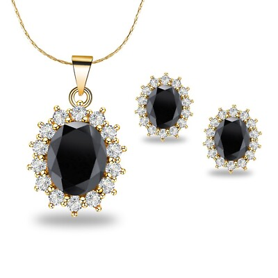 #ad 18K Yellow Gold Created Black CZ Round 3 Ct Oval Necklace Plated 18 in $8.99