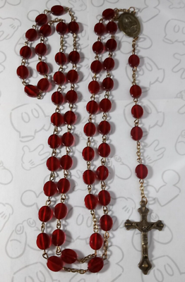 #ad Saint Therese Pray For Us Vintage Rosary Crucifix Cross Red Flat Beads $14.99