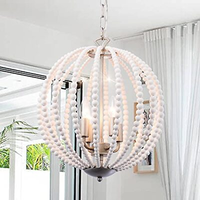 #ad Boho Wood Beaded Pendant Light Candle Style Globe Chandelier White Finishing ... $138.43