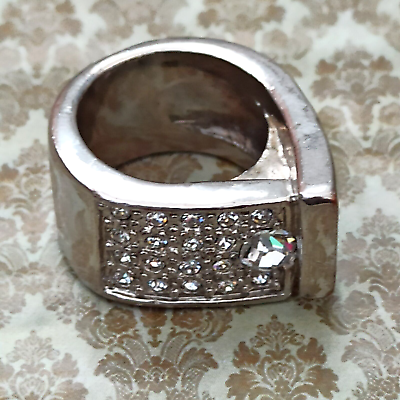 #ad Vintage Ring Large Massive Silver Tone Rhinestone Statement Art Deco Chunky Gift $8.00