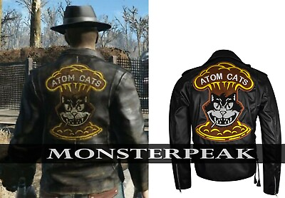 #ad Men#x27;s Atom Cat Black Biker Leather Jacket Fallout 4 Jacket with Embroidery Back $55.00