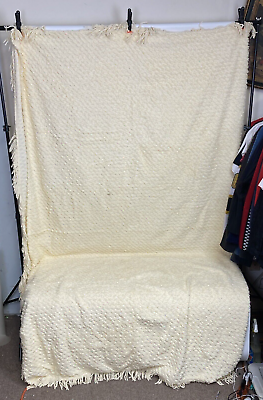 #ad Vintage Large Textured Fringe Blanket Throw Cream Ivory 108quot;x97quot; $99.99