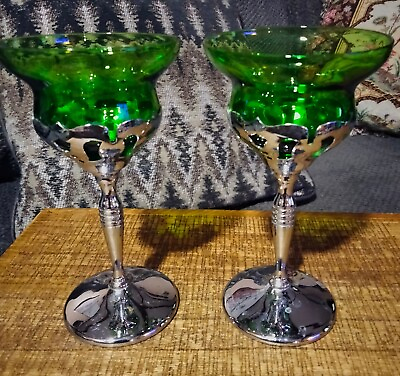 #ad Morgantown MCM Retro Crystal Chrome Liquor Glasses Set 2 Amethyst Green $32.00