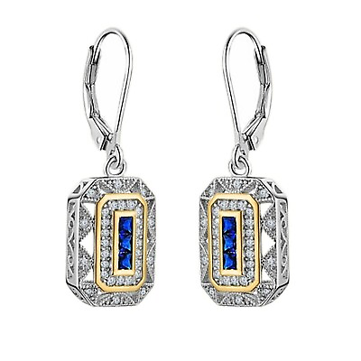 #ad 4CT Princess Lab Created Sapphire Art Deco Drop Earrings 14K White Gold Plated $131.25