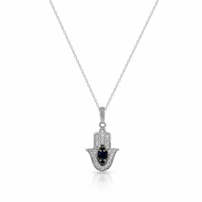 #ad 925 Sterling Silver White Blue CZ Hamsa Good Luck Pendant Necklace $22.99