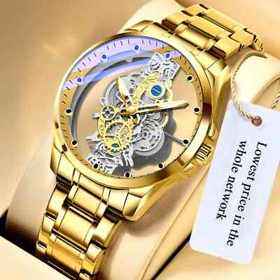 #ad Men Watch Skeleton Automatic quartz Watch Gold Skeleton Vintage Man Watch New $37.62