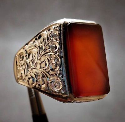 #ad Natural Mens Red Yemen Agate Ring Red Carnelian Ring For Men Silver 925 Handmade $250.00