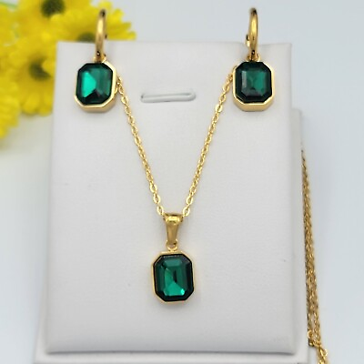 #ad #ad Stainless Steel 24K Gold Plated Elegant Green Crystal Necklace amp; Earrings Set $18.00