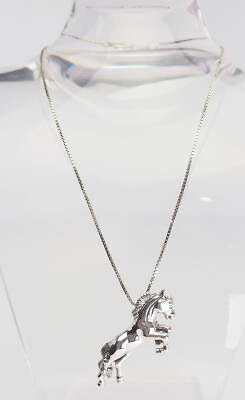 #ad Designer vintage sterling silver charging stallion horse pendant necklace $50.00