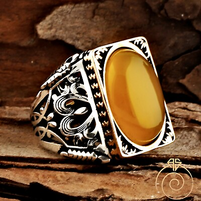 #ad Man Amber Ring Rectangle Celtic Huge Silver Resin Rings For Men Gemstone Jewelry $132.30