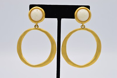 Givenchy Earrings Clip Brushed Gold Cabochon Dangle Hoops Vintage Runway Bin8 $191.96
