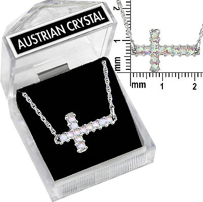 #ad Silver Sideways Cross Austrian Crystal Necklace 15quot; 18quot; Adjustable Chain N733AB $11.99