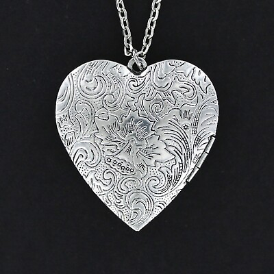 #ad HEART PHOTO Locket Pendant Pewter on 18 20quot; Adjustable Chain 2 Photos Embossed $18.00