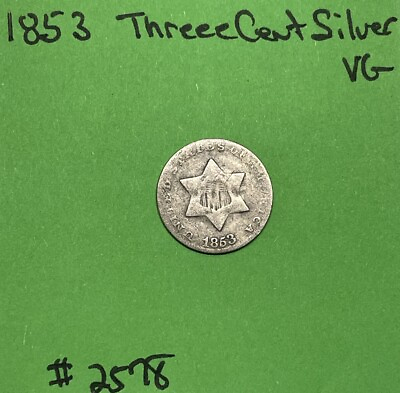 #ad 1853 Three Cent Silver Type Coin 3c United States VG Philadelphia Mint Very Good $55.00