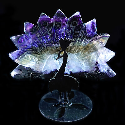 #ad 4quot; Natural Crystal Purple Fluorite Peacock Wings Skull Statue Iron Holder $52.91
