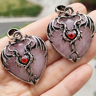 #ad Natural Crystal Heart Double Dragon Wyvern Wivern Pendant Magic Healing Amulet $3.49