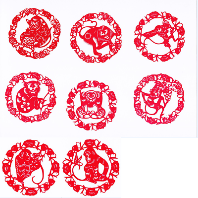 #ad Paper Cuts Monkey Set Red 8 small circular pieces Zhou 5 packets Lot $20.00