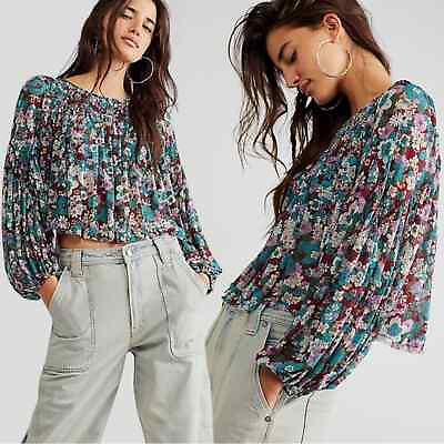 #ad Free People Top Blouse Small Teal Lavender Floral Balloon Sleeves Tassels NWT $39.20