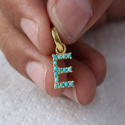 #ad 14k Yellow Solid Gold Arizona Turquoise E Letter Initial Charm Ball Hook Pendant $258.70