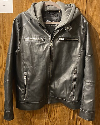 #ad Guess Jacket Mens Black Faux Leather Lined Hoodie Motorcycle Biker Coat Sz M $16.47