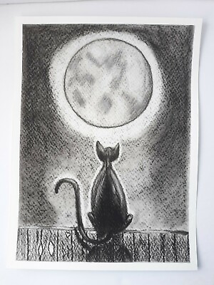#ad Halloween Black Cat Full Moon Looking For Love Charcoal On Paper Drawing $15.94