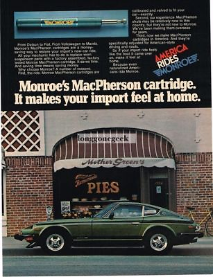 #ad 1976 Monroe Macpherson Cartridge Datsun 260Z Mother Green#x27;s Pies Vintage Ad $8.95