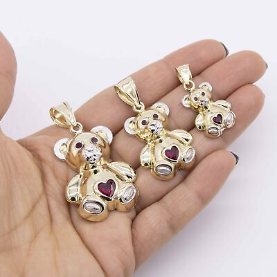 #ad Teddy Bear with Heart CZ Stone Pendant Real 10K Yellow White Gold $255.74
