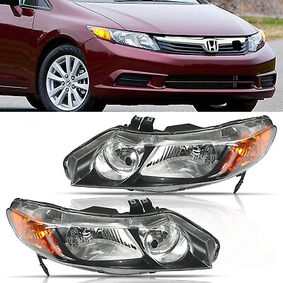 #ad For Honda Civic Coupe 2006 2011 Headlights Assembly Pair Black Housing Headlamps $58.69