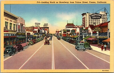 #ad Fresno California CA North On Broadway From Tulare St Old Cars Linen Postcard $8.49
