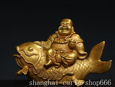 #ad 10.4quot;Ancient temple Bronze gilt coin ingot yuanbao fish Maitreya Buddha statue $323.00