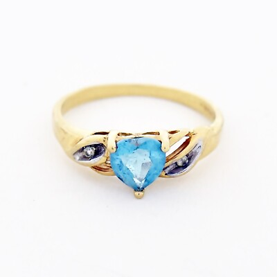 #ad 10k Yellow Gold Heart Shape Blue Topaz amp; White Stone Ring Size 7.25 $132.79