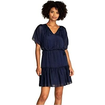 #ad Trina Turk Mahalo Silk Tassel Detail Dress Blue Flutter Sleeve XL $55.00