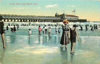 #ad DB Postcard CA K329 In the Surf Long Beach Pier People Women Swimming Germany $8.25
