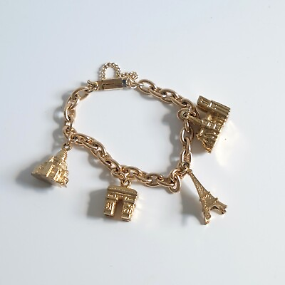 #ad Vintage Charm Bracelet Paris France Eiffel Tower Notre Dame Arc De Triomphe $43.00