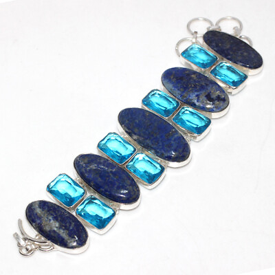 #ad 925 Silver Plated Lapis Lazuli Blue Topaz Big Cluster Gemstone Bracelet 8quot; GW $13.99