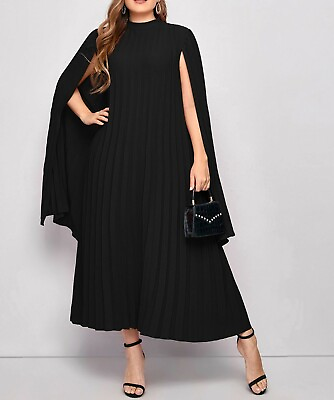 #ad Elegant Plus Size Round Neck Long Sleeve Pleated Solid Cape Dress Formal Tunic $71.99