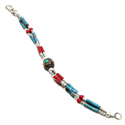 #ad Tibetan Turquoise Red Coral Silver Plated Beaded Jewelry Bracelet 6 7quot; PG 2019 $5.27
