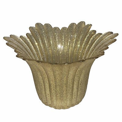 #ad Vintage Amber Gold Glass Candle Holder Vase Sparkling Glitter Scalloped 5” x 6” $29.99