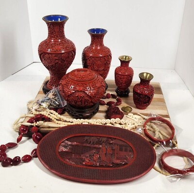#ad Antique Cinnabar Lot Vases Ginger Jar Snuff Platter Jewelry $450.00